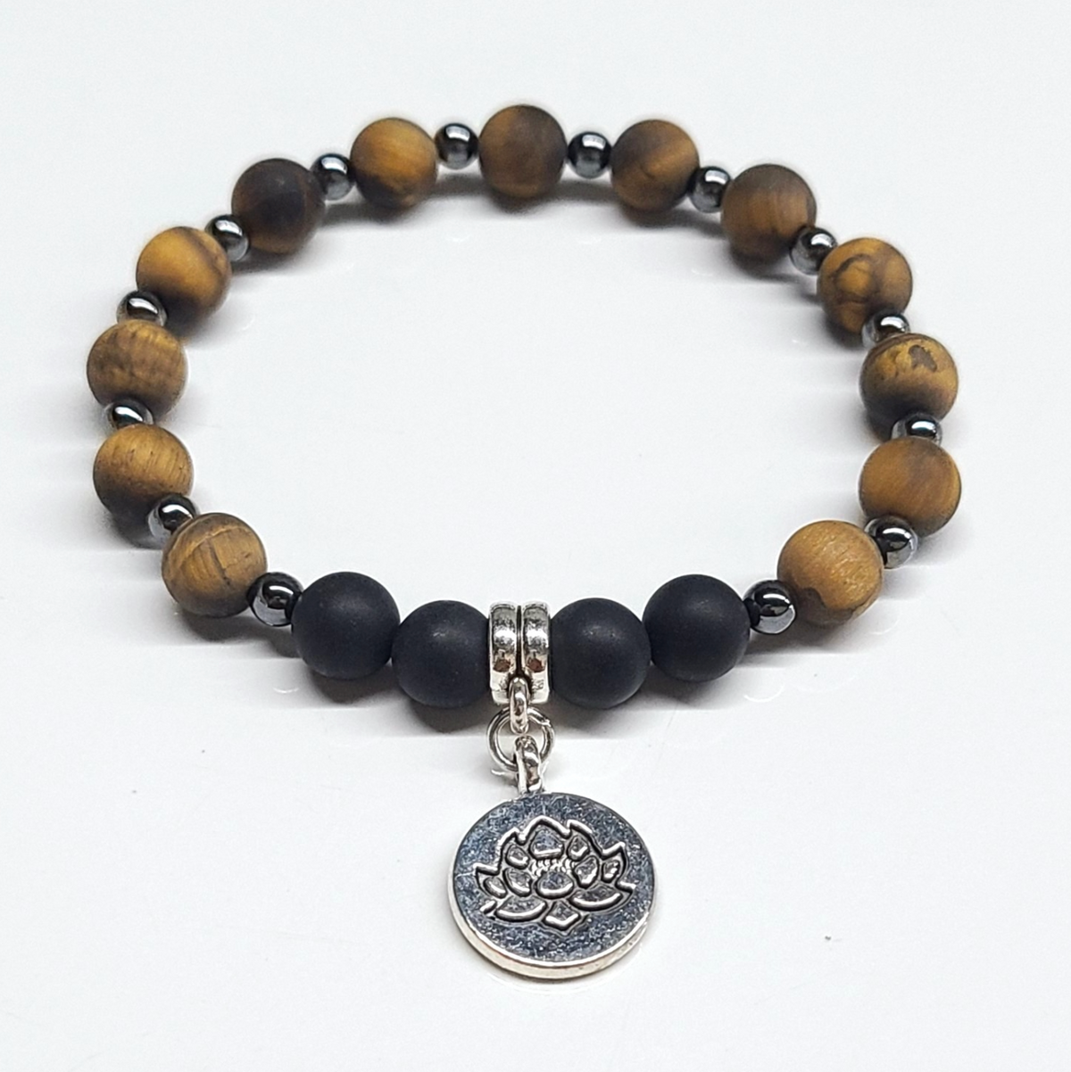Tiger Eye and Onyx (Matte) with Lotus Charm Round Bead Bracelet 8mm