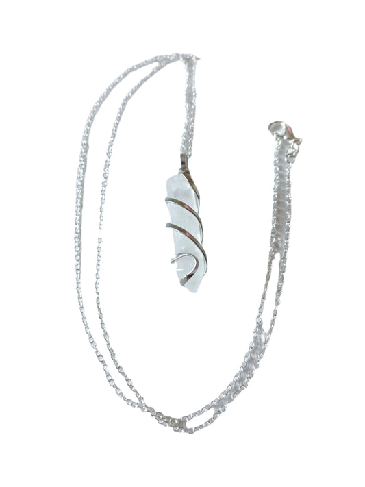 Clear Quartz Bullet Silver Wrapped Necklace