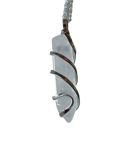 Clear Quartz Bullet Silver Wrapped Necklace