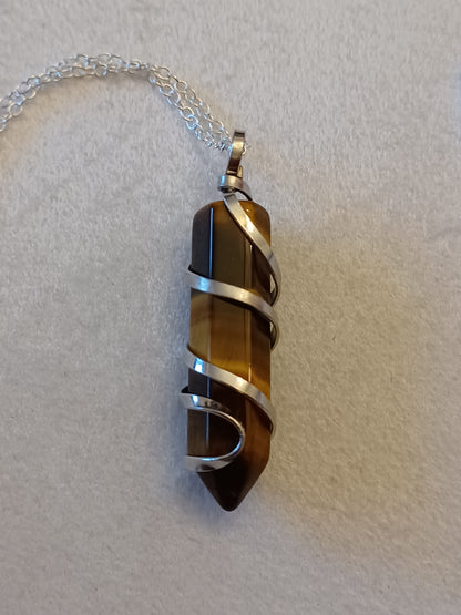 Tiger's Eye Bullet Silver Wrapped Necklace