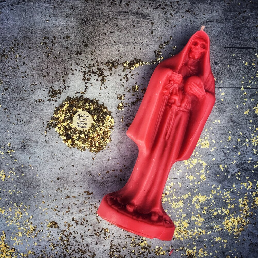 Beeswax Santa Muerte Spell Candle - Sacred Folk Saint Devotion & Protection Magic